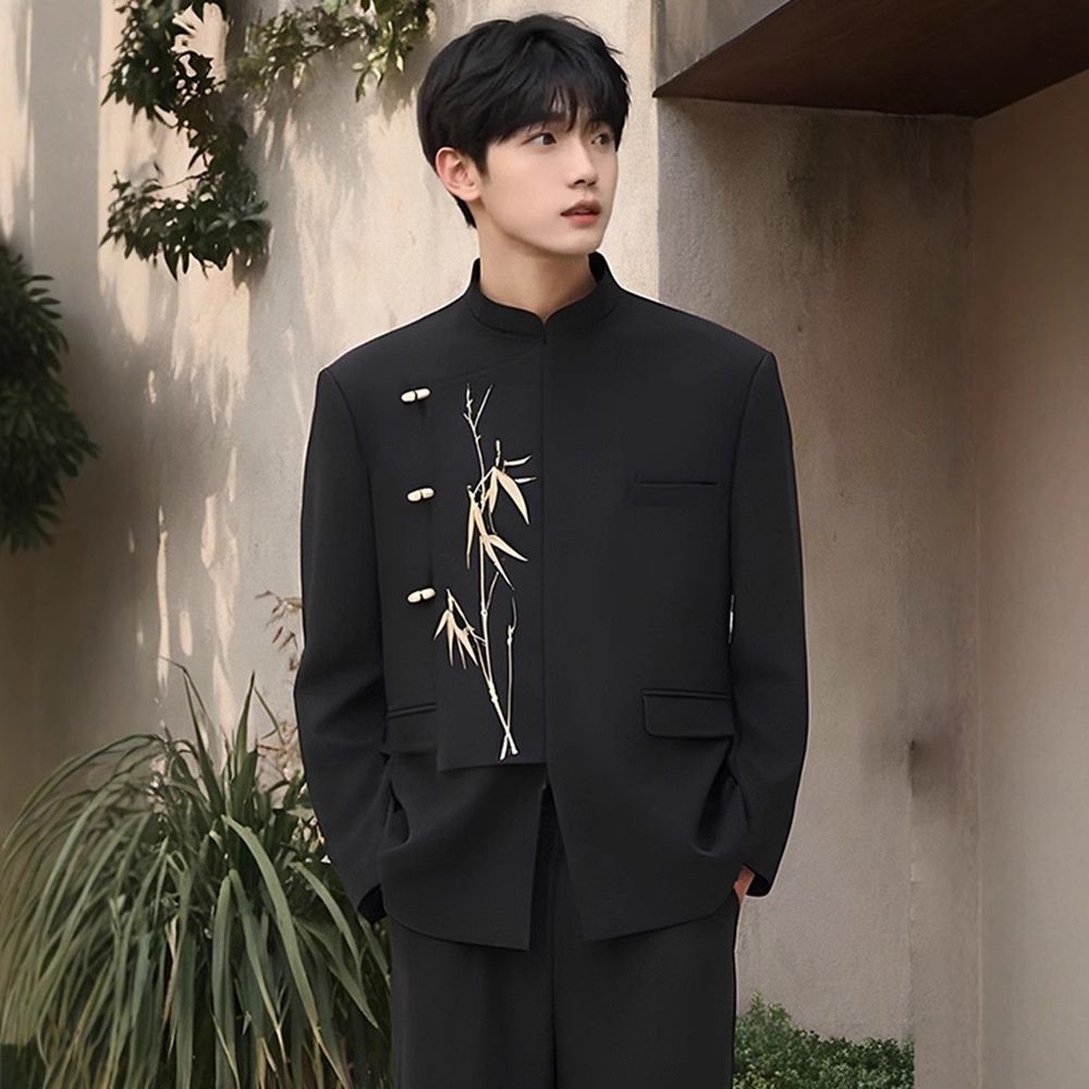 boy New Chinese Men's Formal Engagement Ceremony Irregular Set National Style Stand Collar Golden Bamboo Embroidery_voghion.com