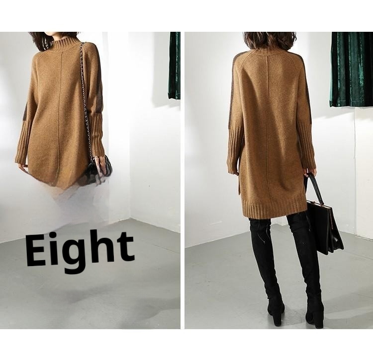 GraceChic Cross-Border Autumn New Half-High Collar Color-Block Sweater Women's Mid-Length Loose Plus Size Knitted Dress_voghion.com