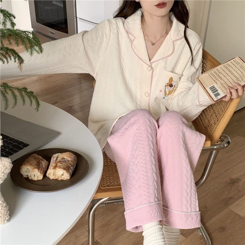 Pigiama ChicShe da donna in cotone per autunno inverno, cotone traspirante spesso, carino e dolce, caldo abbigliamento da casa a maniche lunghe, taglie forti_voghion.com