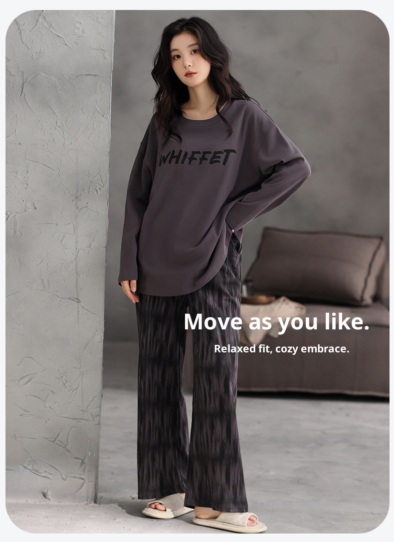 ChicShe Women's Cotton Long Sleeve Round Neck Pullover Simple Casual New Home Wear Set With Built-in Chest Pads For Spring And_voghion.com