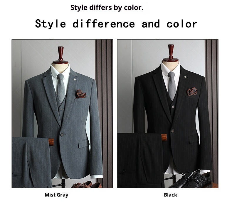 Traje de hombre con rayas grises, estilo coreano, corte ajustado, ideal para bodas, banquetes y eventos formales e informales._voghion.com