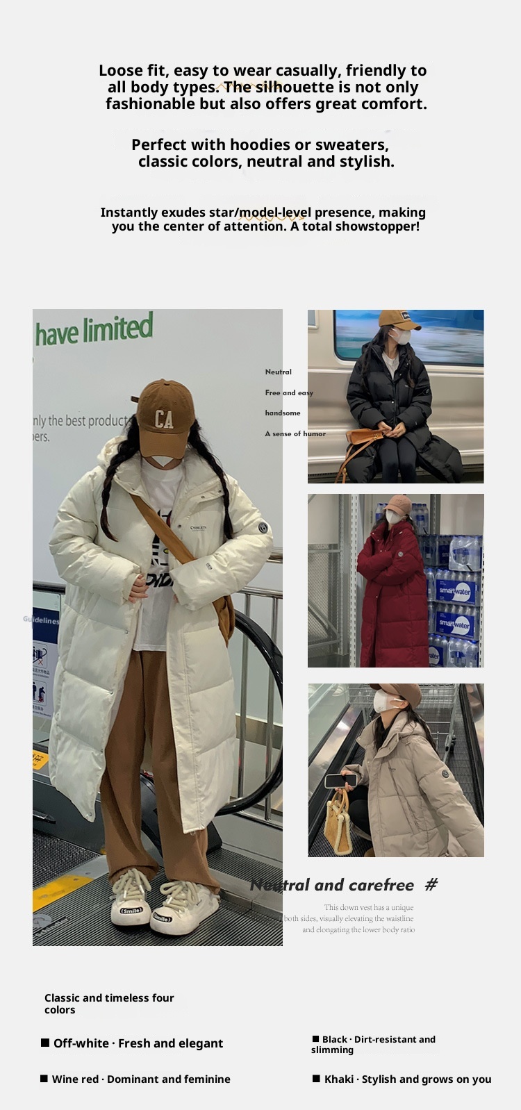 Doudoune longue ChicShe en coton pour femme, arrivant au-dessus du genou, extra longue, collection hiver 2023, manteau épais et ample pour couple_voghion.com