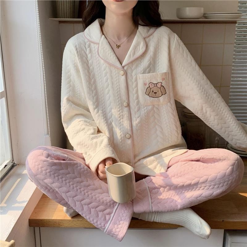 Pigiama ChicShe da donna in cotone per autunno inverno, cotone traspirante spesso, carino e dolce, caldo abbigliamento da casa a maniche lunghe, taglie forti_voghion.com