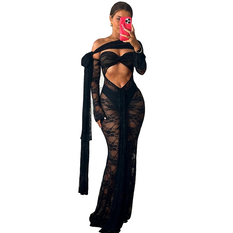 Robe bustier sexy à manches longues en dentelle GraceChic Q25DS073 INS, style européen et américain, collection été 2025._voghion.com