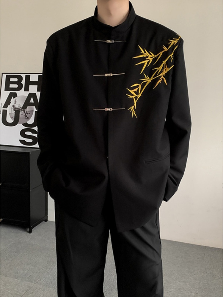 boy New Chinese Men's Engagement National Style Stand Collar Zhongshan Gold Bamboo Embroidery Boys Adult Formal Suit_voghion.com