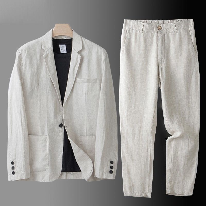 Set da uomo con protezione solare, vestibilità ampia, giacca blazer in cotone e lino, casual, per l'estate_voghion.com