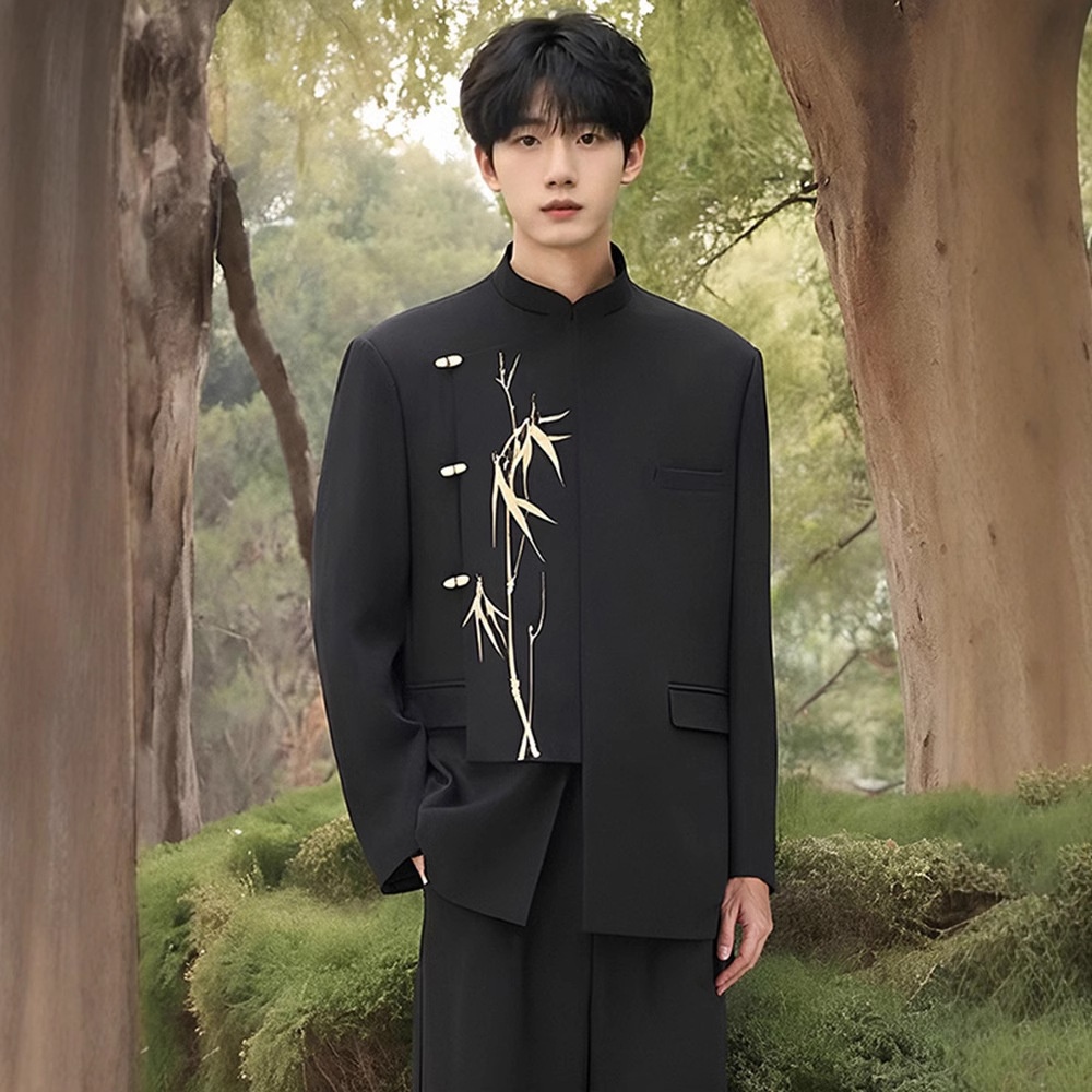 boy New Chinese Men's Formal Engagement Ceremony Irregular Set National Style Stand Collar Golden Bamboo Embroidery_voghion.com