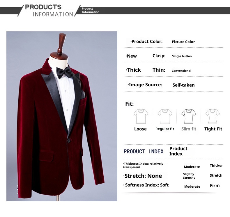 Herren-Freizeitanzug für Jungen, Smoking-Set für Gastgeber, Sänger, Auftrittsoutfit, Bräutigam, Business-Anzug, festliche Kleidung, Burgunderrot, Samt, Königsblau_voghion.com