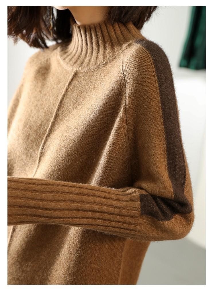 GraceChic Cross-Border Autumn New Half-High Collar Color-Block Sweater Women's Mid-Length Loose Plus Size Knitted Dress_voghion.com