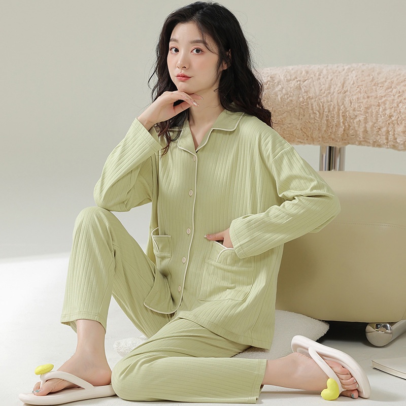 Pigiama da donna in tinta unita ChicShe in cotone autunno 2025, nuovo cardigan primaverile, manica lunga, stile celebrità di Internet, set da casa_voghion.com