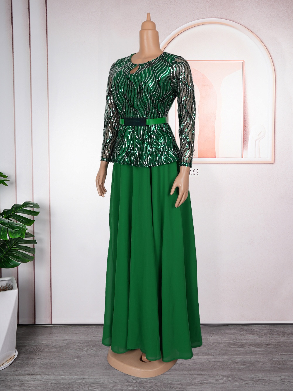 GraceChic Cross-Border Foreign Trade Sequin Banquet Party Long African Women's Clothing Plus Size Dress With Belt_voghion.com