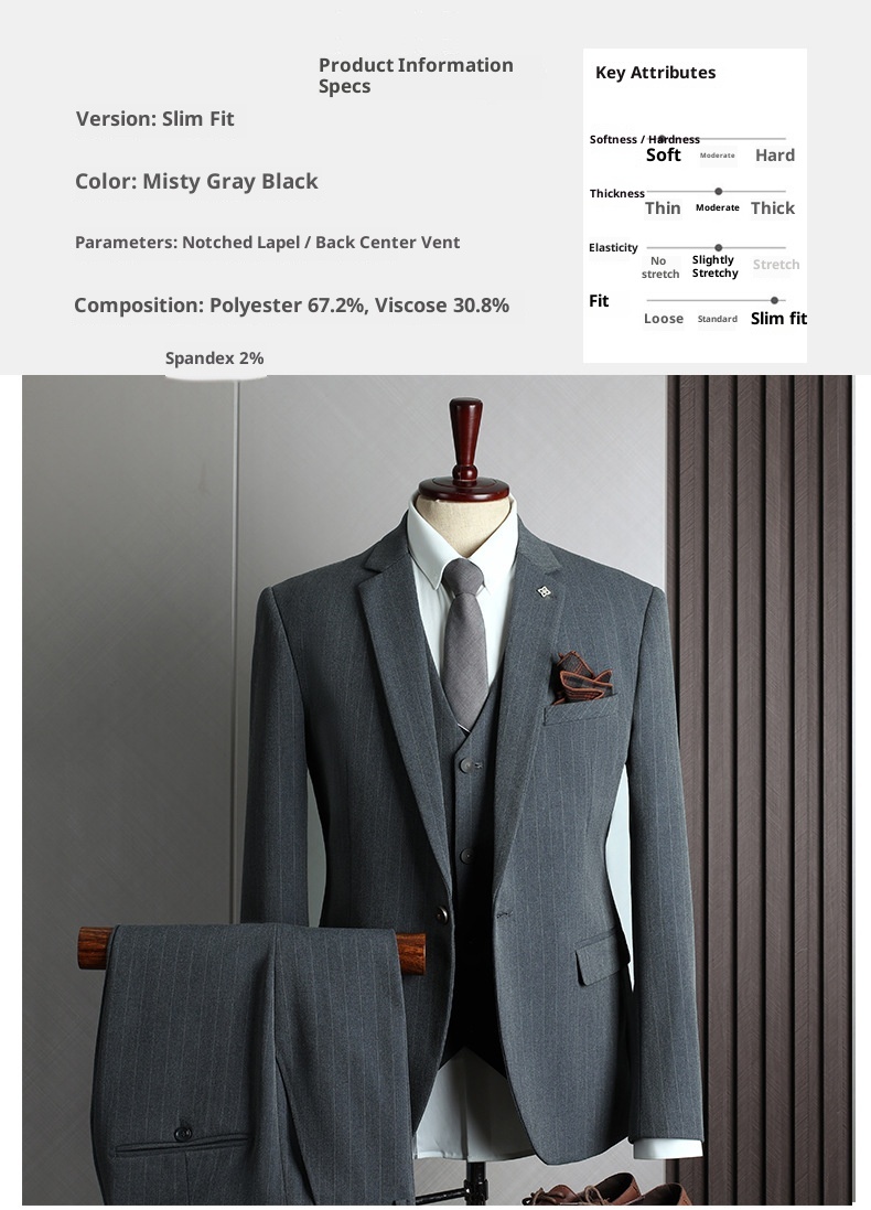 Traje de hombre con rayas grises, estilo coreano, corte ajustado, ideal para bodas, banquetes y eventos formales e informales._voghion.com