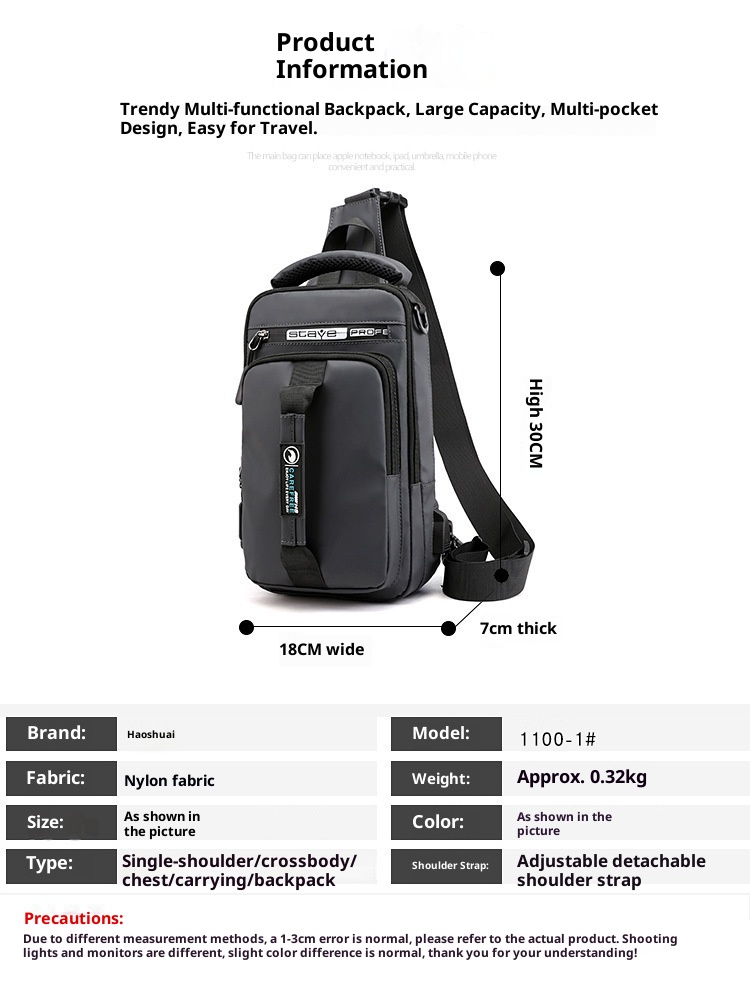 001 Solid Color Oxford Cloth Bag For Men, Single Shoulder Crossbody Business Casual Commuter Chest Bag, USB Backpack_voghion.com