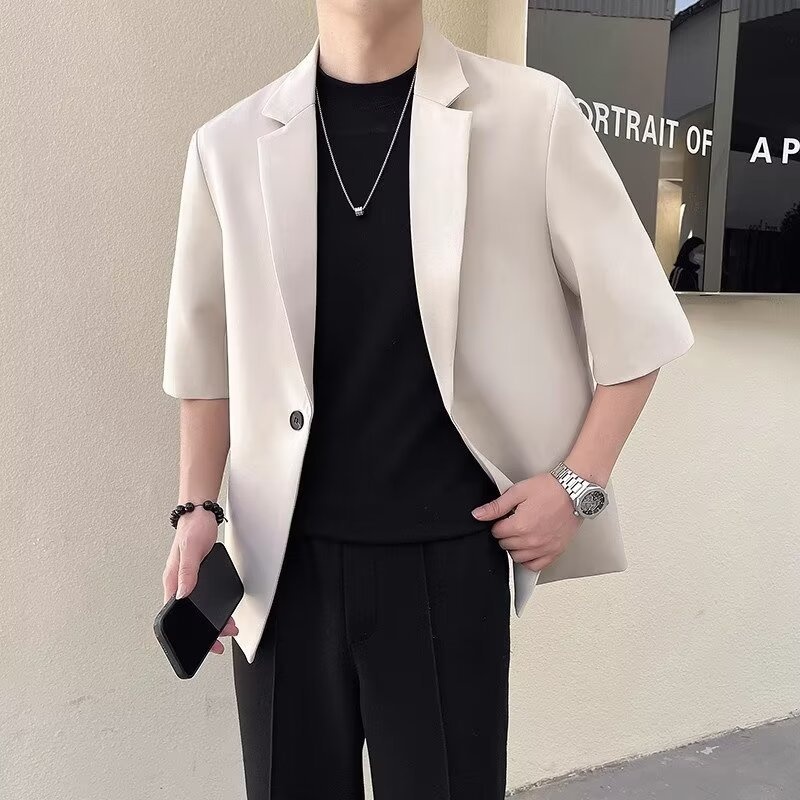 boy Summer Mid-Sleeve Suit Set For Men Slim Fit Casual Short Men's Fashionable Seven-Quarter Sleeve Small Blazer Korean_voghion.com