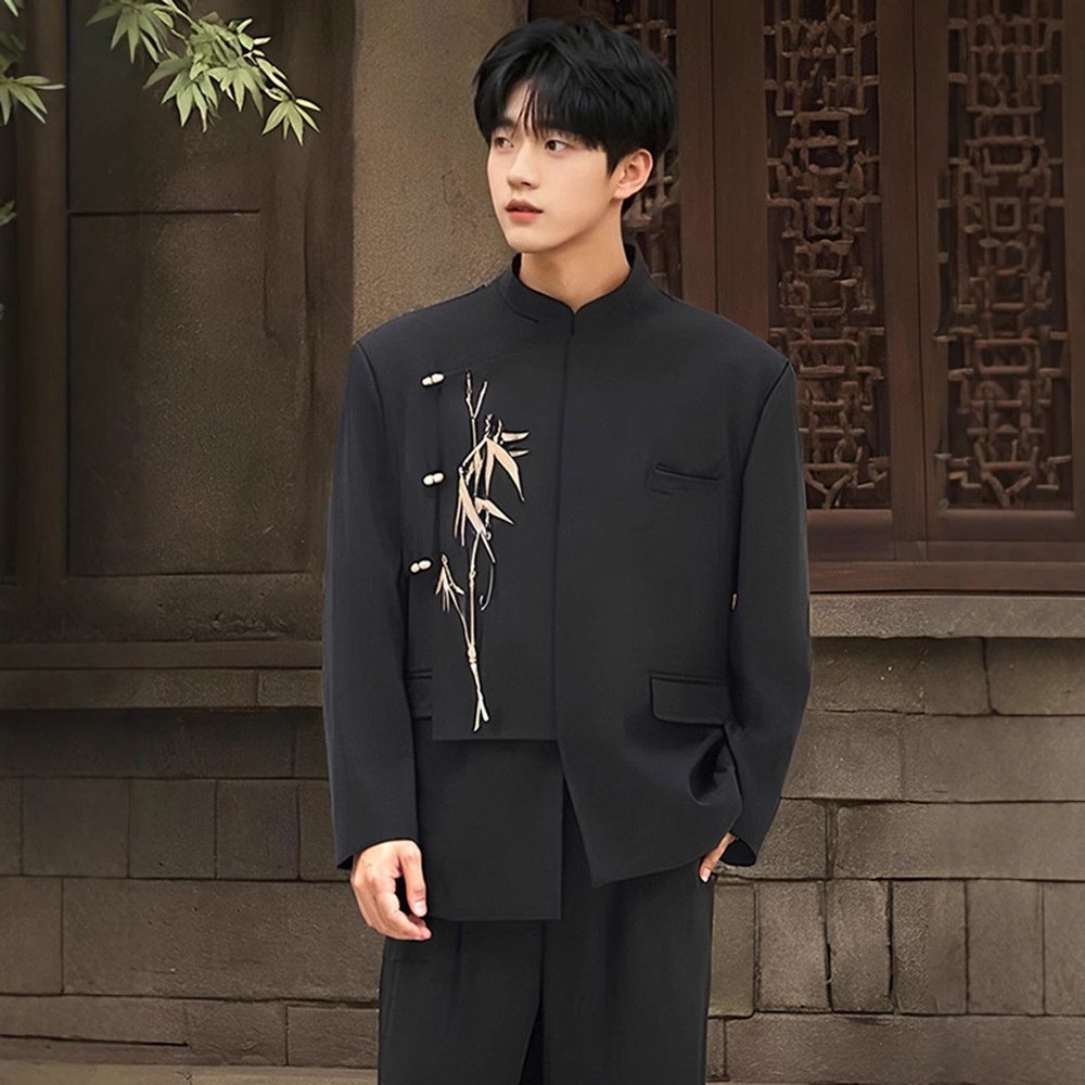 boy New Chinese Men's Formal Engagement Ceremony Irregular Set National Style Stand Collar Golden Bamboo Embroidery_voghion.com