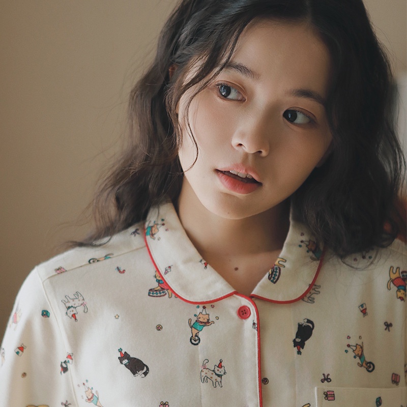 ChicShe Circus 69 – Japanischer Pyjama für Damen, Frühlings- und Winter-Homewear-Set aus gebürsteter Baumwolle mit Cartoon-Motiven_voghion.com