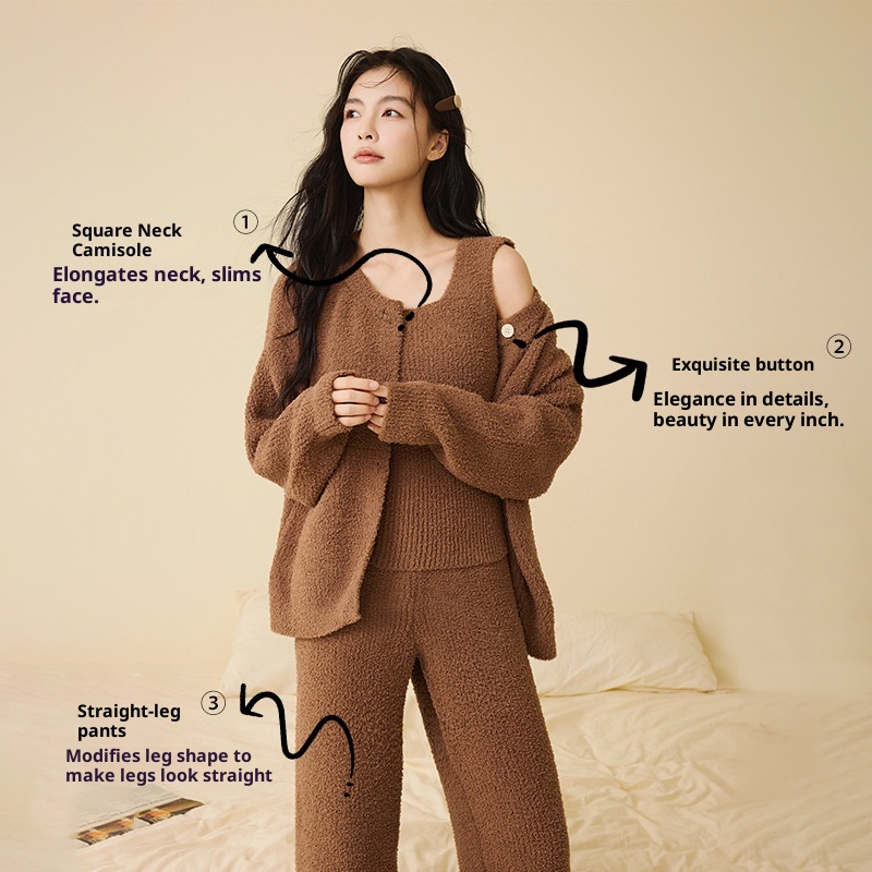 ChicShe New Soft Fluffy Half-Fleece Pajamas Women, Autumn And Winter Korean Style Elegant Camisole Three-Piece Set, Suitable For_voghion.com