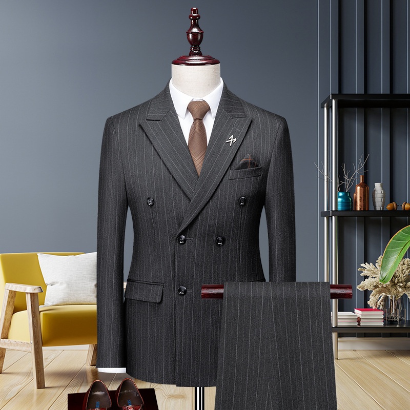 Jongen High-End Koffiekleurige Gestreepte Set Voor Heren Met Split En Dubbelrijs Zwart Zakelijk Pak Bruidegom Trouwoutfit_voghion.com