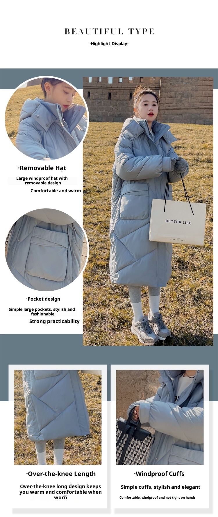 ChicShe Winter 2024 Neue Mode Lockere Plus Size Kapuzen-Daunenjacke aus Baumwolle für Damen, mittellang, knielang, dick gefüttert_voghion.com