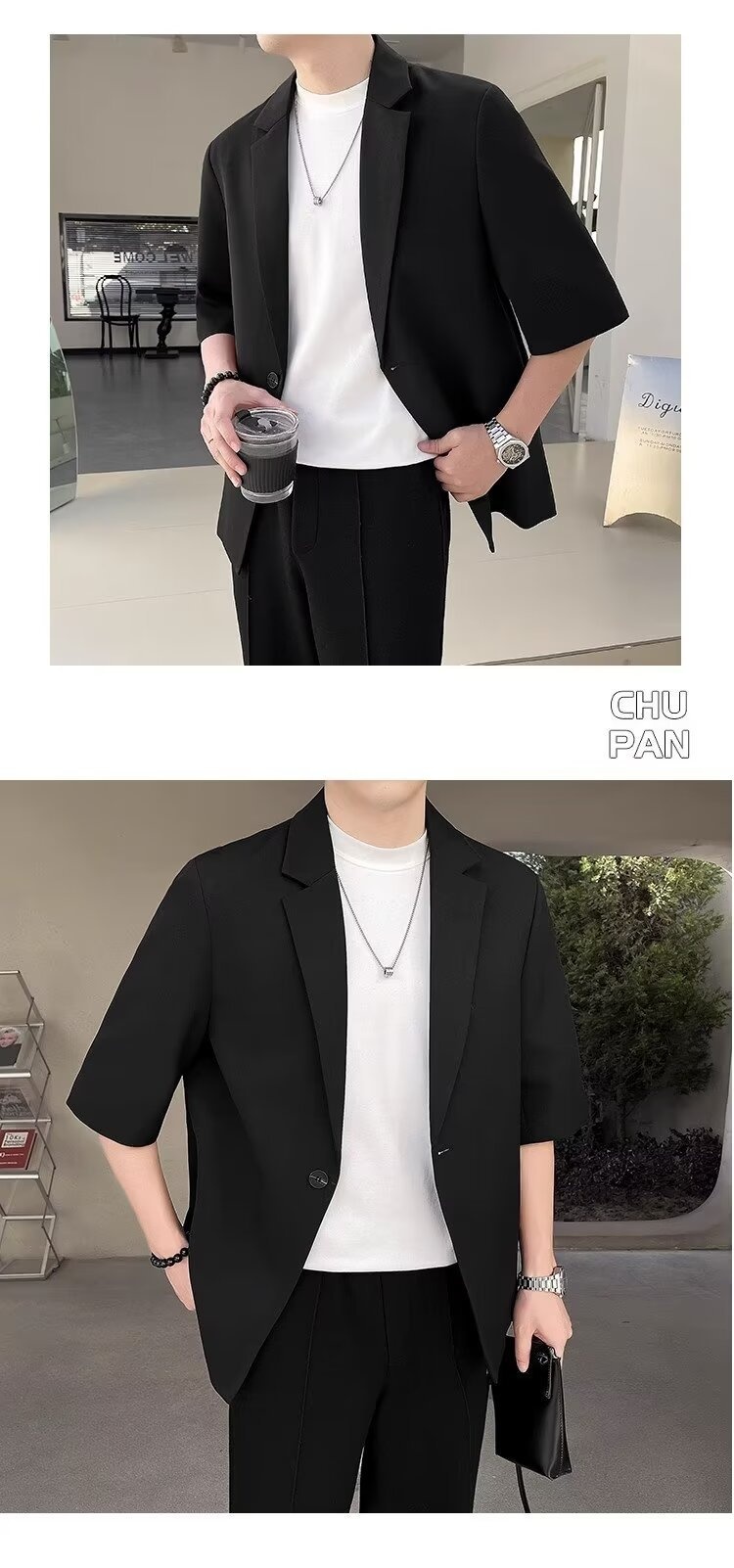 Completo estivo da uomo a maniche corte, slim fit, casual, alla moda, con maniche a sette quarti, piccolo blazer coreano_voghion.com