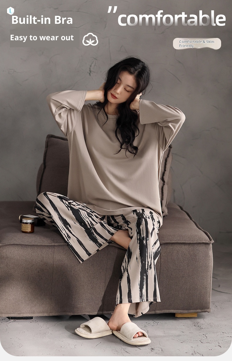 ChicShe Women's Cotton Long Sleeve Round Neck Pullover Simple Casual New Home Wear Set With Built-in Chest Pads For Spring And_voghion.com