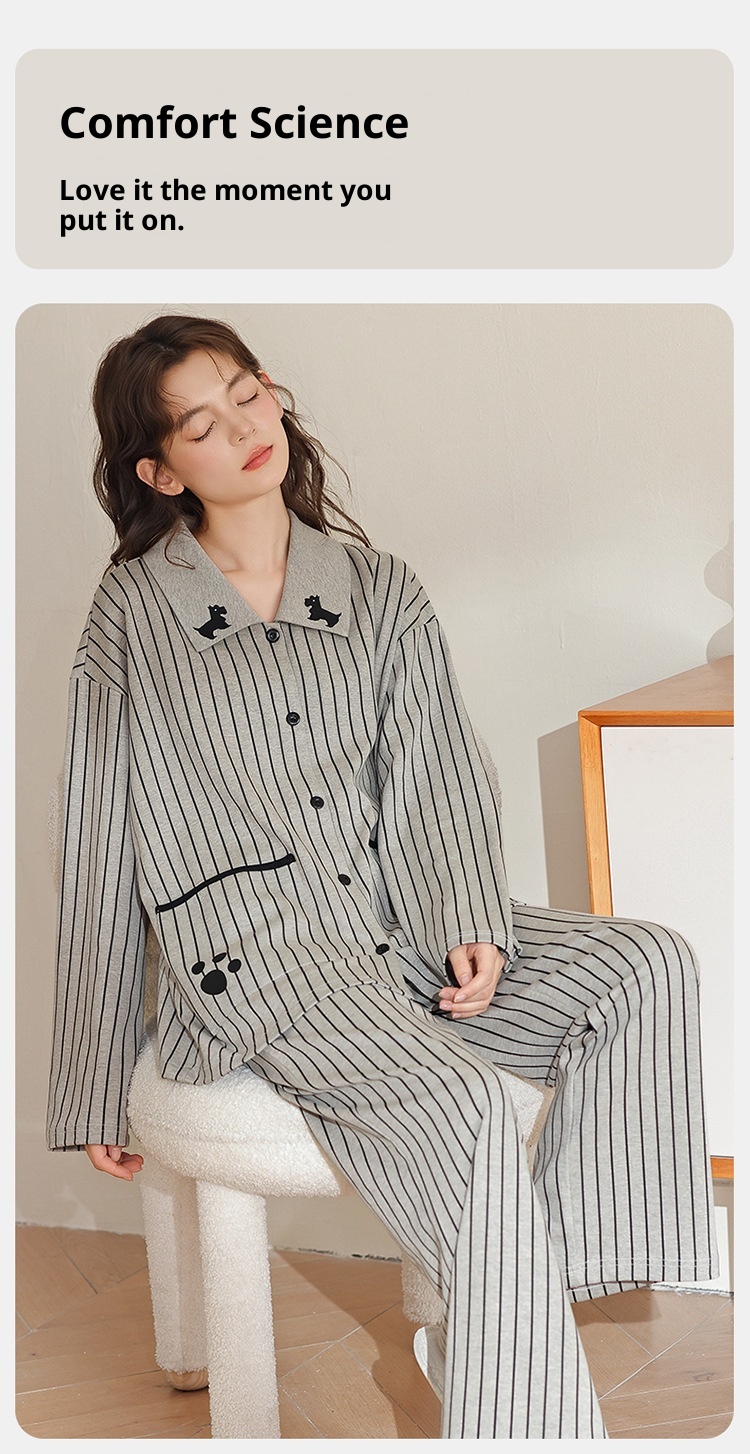 ChicShe 2025 New Cotton Pajamas For Women Spring And Autumn Long Sleeve Loose Striped Set Ladies Homewear Wearable Cartoon_voghion.com