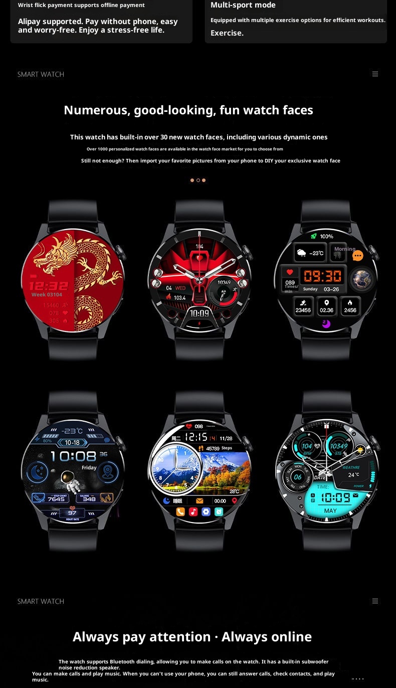 Smart Wach Uomini e donne Blueooh Chiama Tecnologia nera Trasmette Ascolta Rae Misurazione della pressione sanguigna Sport_voghion.com