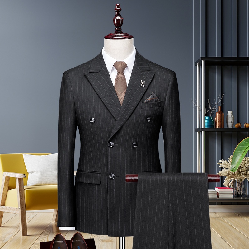 Jongen High-End Koffiekleurige Gestreepte Set Voor Heren Met Split En Dubbelrijs Zwart Zakelijk Pak Bruidegom Trouwoutfit_voghion.com