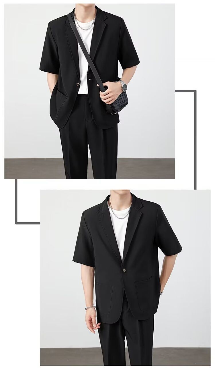 ragazzo Xia Pi Shuai Ice Silk Sottile Corto Uomo Moda Completo Due Pezzi Set Manica Cinque Quarti Casual_voghion.com