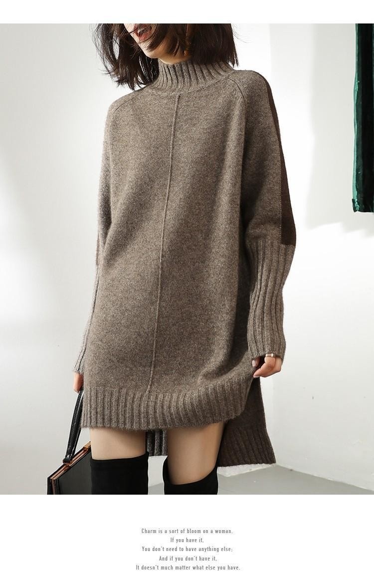 GraceChic Cross-Border Autumn New Half-High Collar Color-Block Sweater Women's Mid-Length Loose Plus Size Knitted Dress_voghion.com