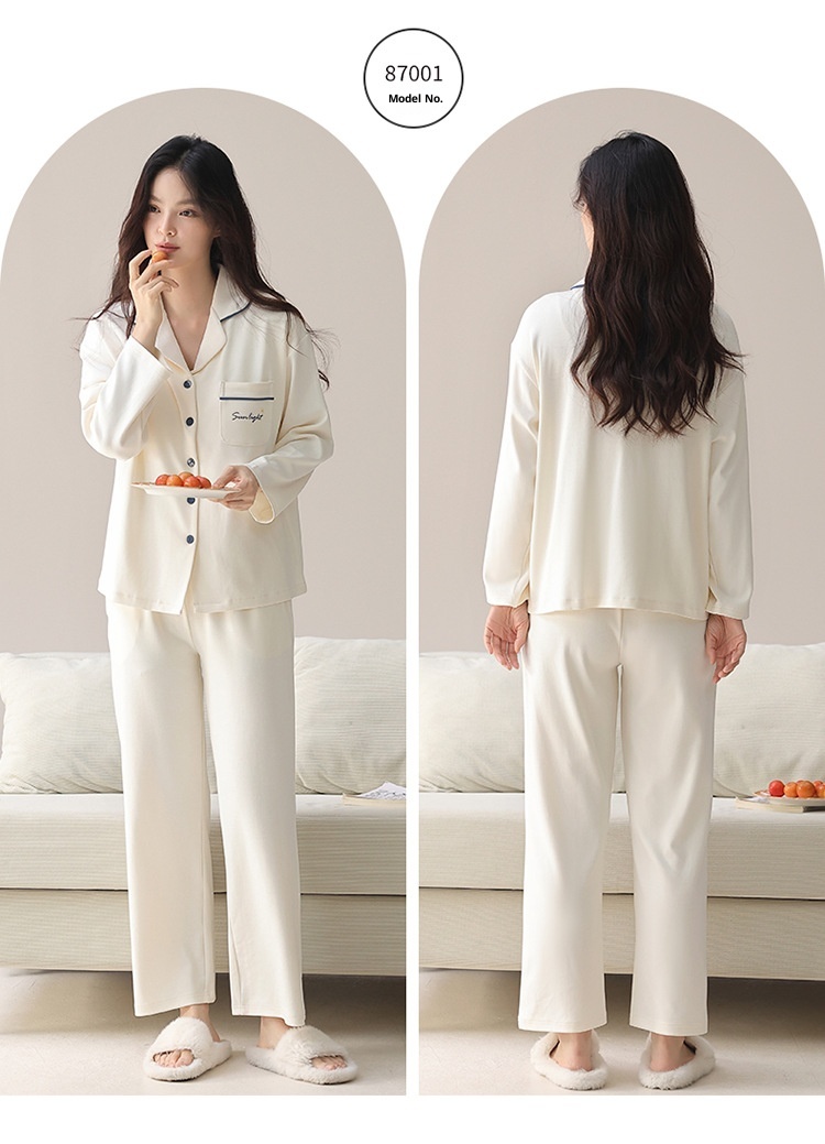 ChicShe Nuovo Pigiama da Donna in Puro Cotone Autunnale a Maniche Lunghe Cardigan Traspirante e Comodo Tutto in Cotone Tinta Unita Indossabile_voghion.com