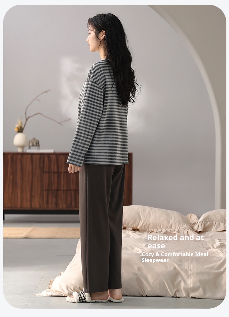 ChicShe Women's Cotton Long Sleeve Round Neck Pullover Simple Casual New Home Wear Set With Built-in Chest Pads For Spring And_voghion.com