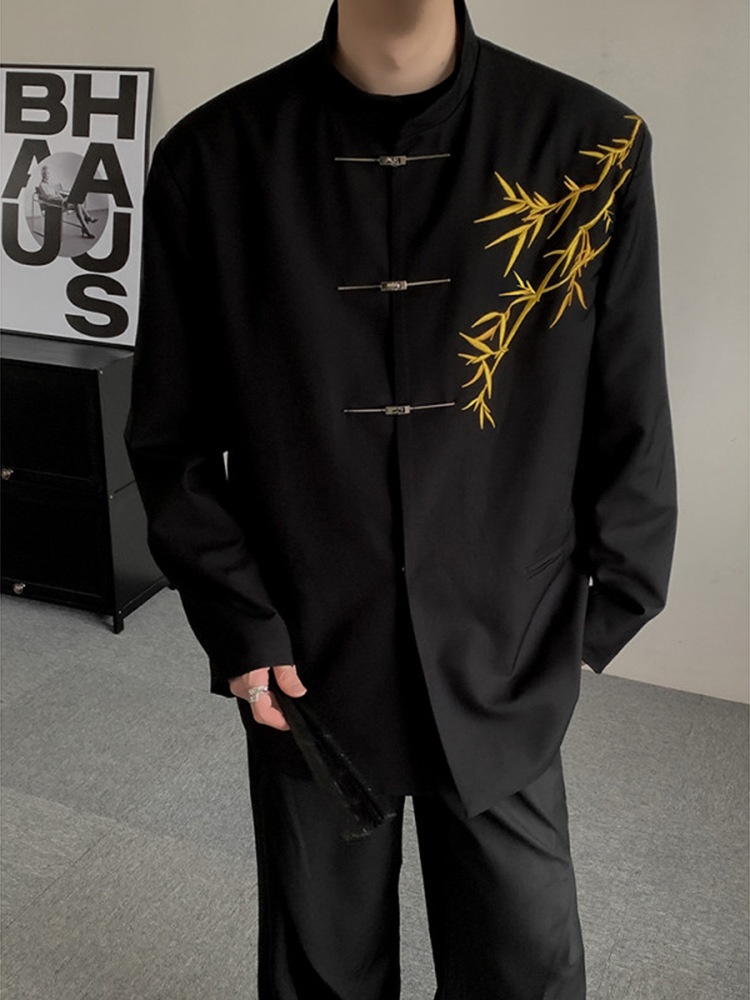 boy New Chinese Men's Engagement National Style Stand Collar Zhongshan Gold Bamboo Embroidery Boys Adult Formal Suit_voghion.com