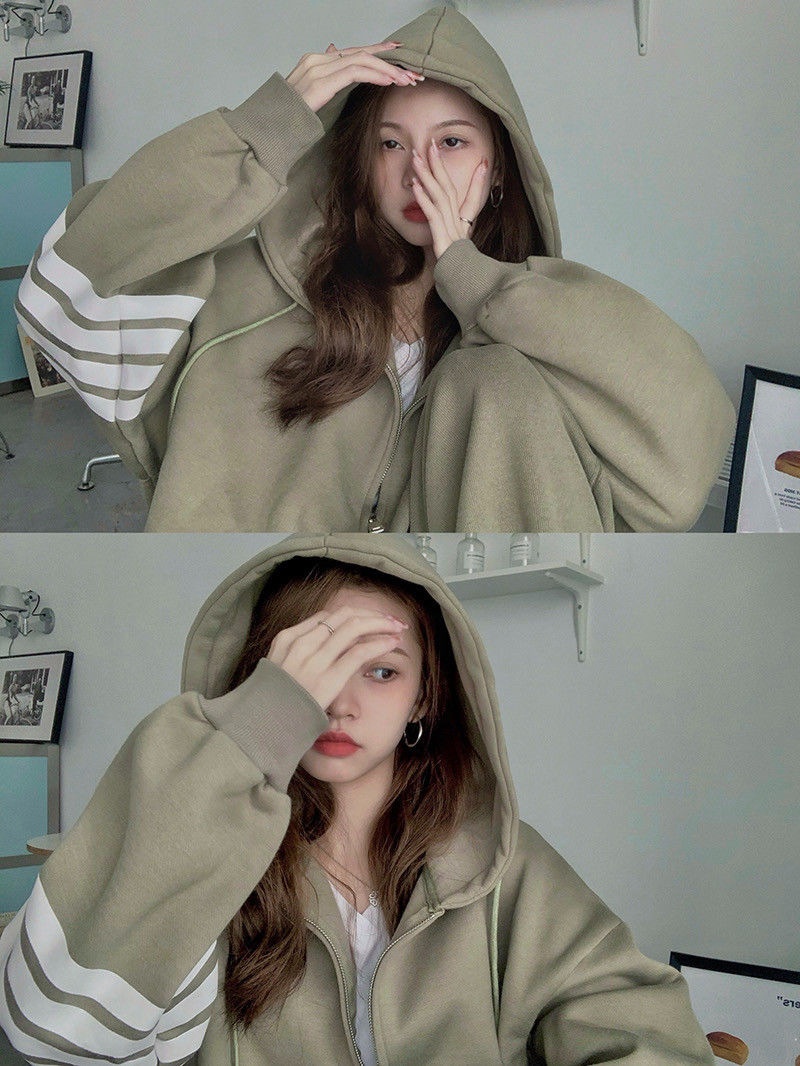 001 Thickened Hooded Sports Women, Spring, Autumn, Winter Korean Style, Loose Fit For Students, Fashionable Casual Two-Piece_voghion.com