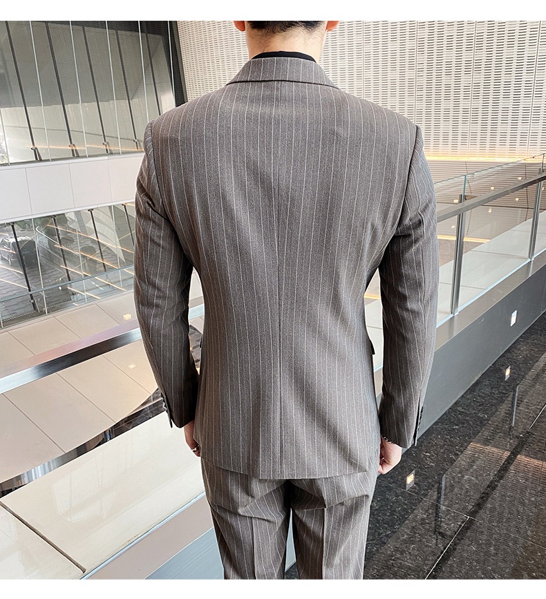 Jongen High-End Koffiekleurige Gestreepte Set Voor Heren Met Split En Dubbelrijs Zwart Zakelijk Pak Bruidegom Trouwoutfit_voghion.com