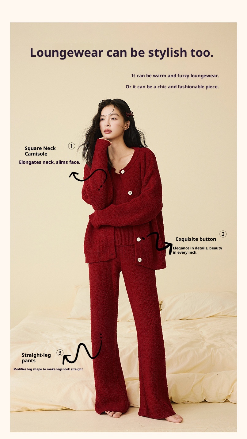 ChicShe New Soft Fluffy Half-Fleece Pajamas Women, Autumn And Winter Korean Style Elegant Camisole Three-Piece Set, Suitable For_voghion.com