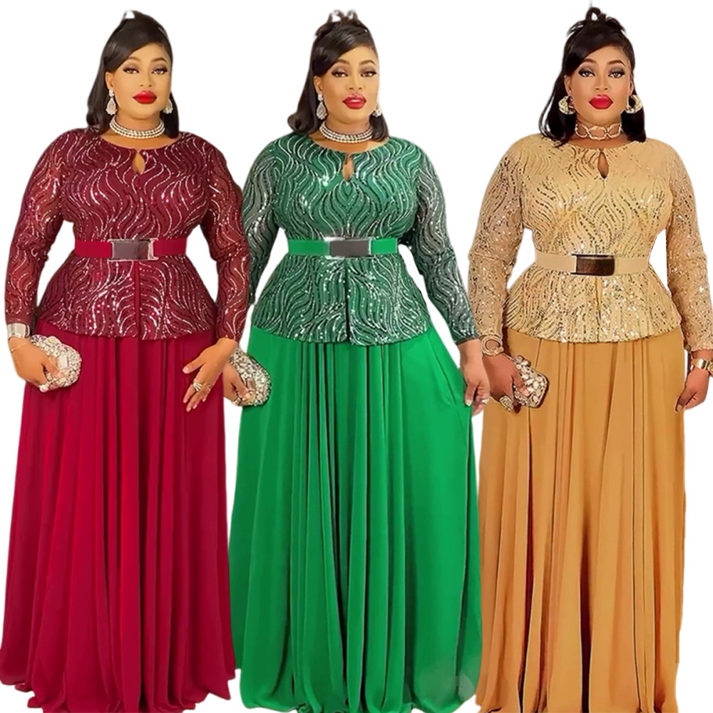 GraceChic Cross-Border Foreign Trade Sequin Banquet Party Long African Women's Clothing Plus Size Dress With Belt_voghion.com