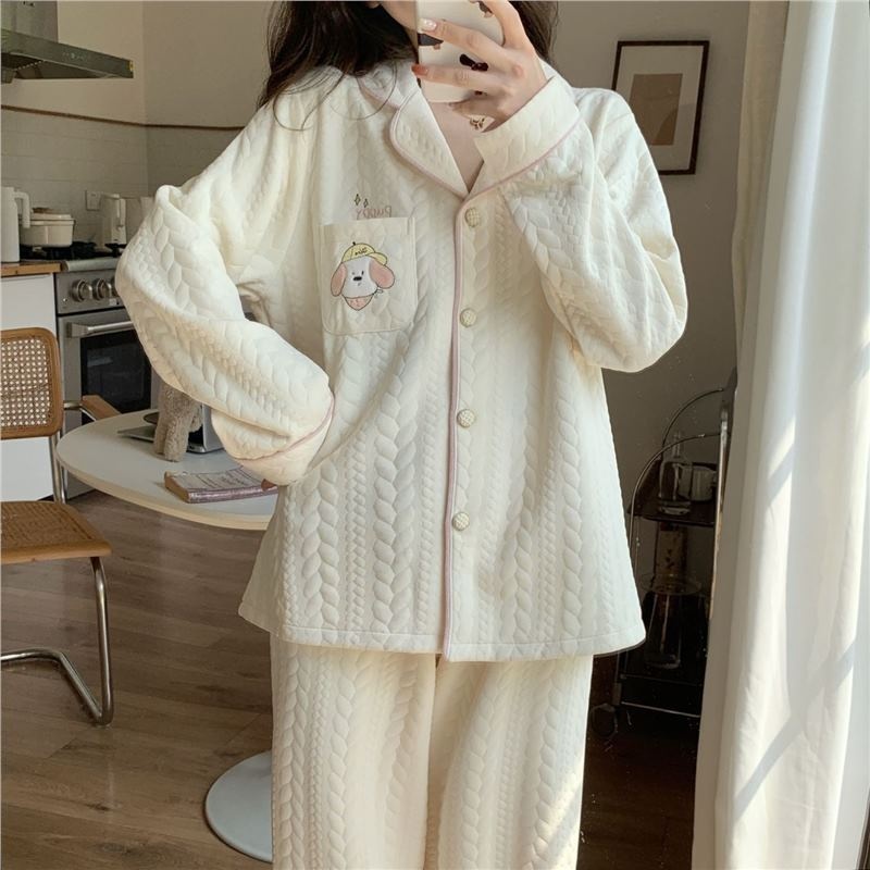 Pigiama ChicShe da donna in cotone per autunno inverno, cotone traspirante spesso, carino e dolce, caldo abbigliamento da casa a maniche lunghe, taglie forti_voghion.com