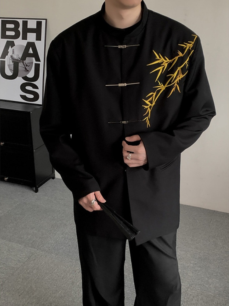 boy New Chinese Men's Engagement National Style Stand Collar Zhongshan Gold Bamboo Embroidery Boys Adult Formal Suit_voghion.com