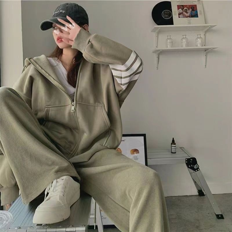 001 Thickened Hooded Sports Women, Spring, Autumn, Winter Korean Style, Loose Fit For Students, Fashionable Casual Two-Piece_voghion.com