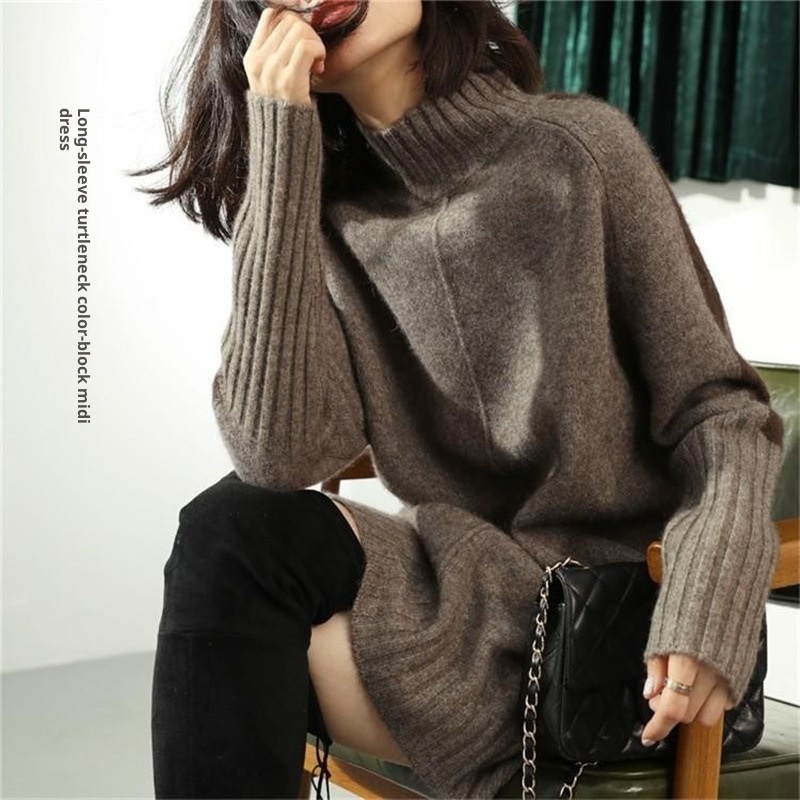 GraceChic Cross-Border Autumn New Half-High Collar Color-Block Sweater Women's Mid-Length Loose Plus Size Knitted Dress_voghion.com