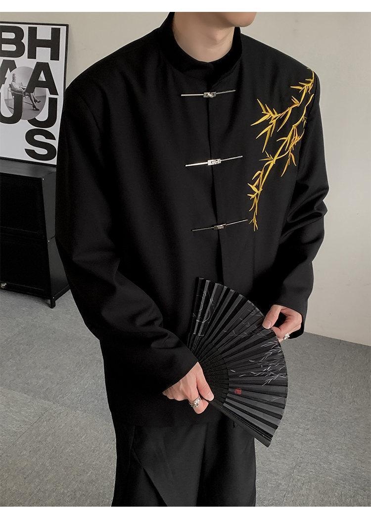 boy New Chinese Men's Engagement National Style Stand Collar Zhongshan Gold Bamboo Embroidery Boys Adult Formal Suit_voghion.com