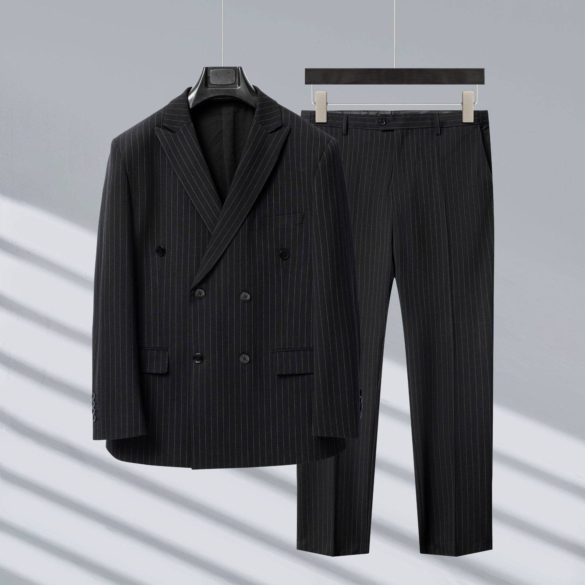 boy Double-Breasted Striped Stretch Set For Men Loose Fit Plus Size Wedding Suit_voghion.com