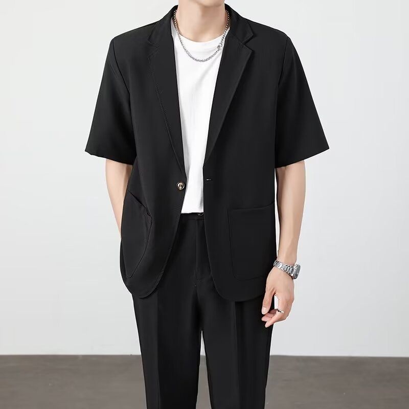 ragazzo Xia Pi Shuai Ice Silk Sottile Corto Uomo Moda Completo Due Pezzi Set Manica Cinque Quarti Casual_voghion.com