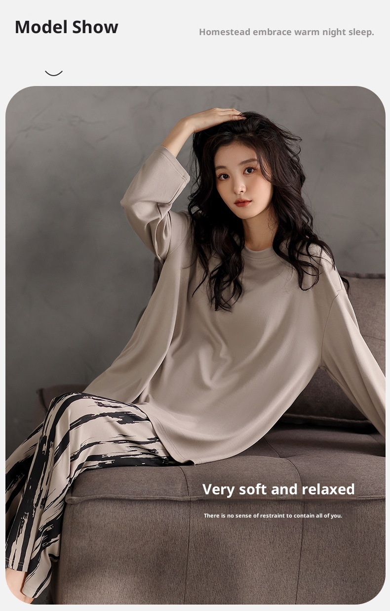 ChicShe Women's Cotton Long Sleeve Round Neck Pullover Simple Casual New Home Wear Set With Built-in Chest Pads For Spring And_voghion.com