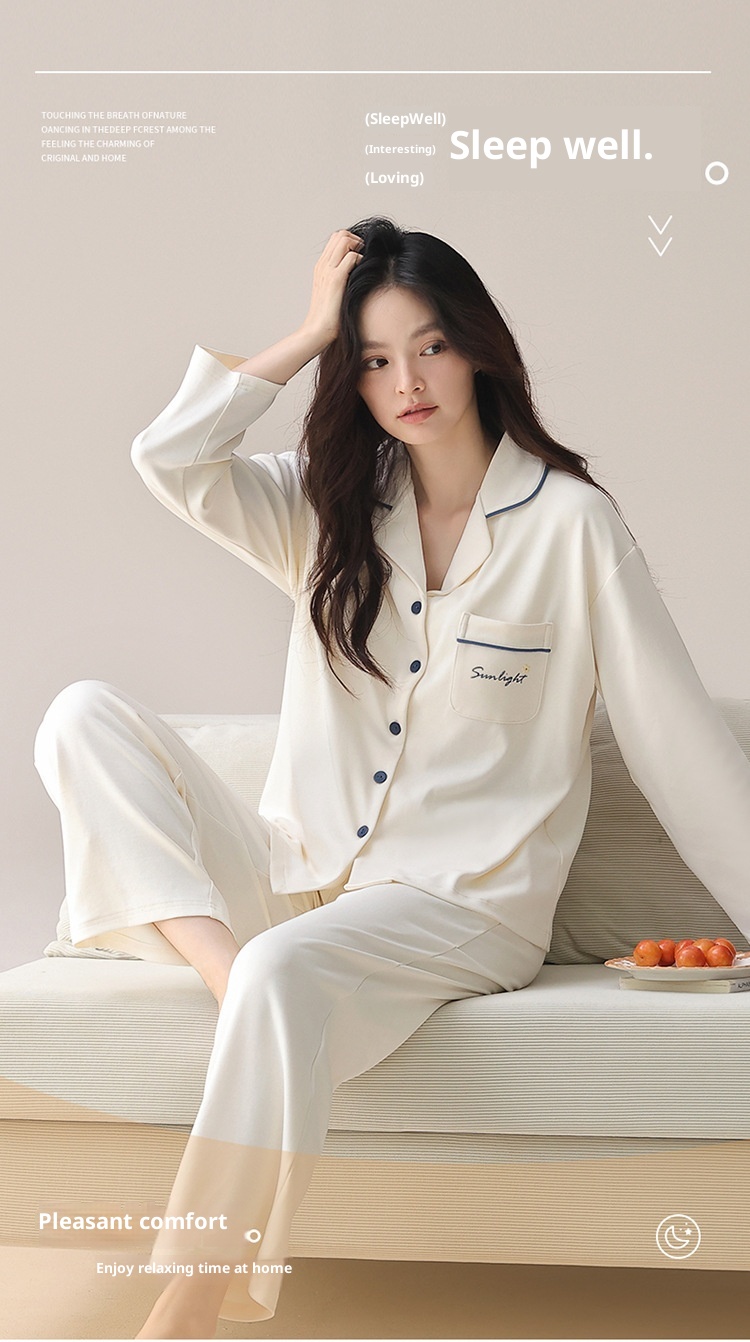 ChicShe Nuovo Pigiama da Donna in Puro Cotone Autunnale a Maniche Lunghe Cardigan Traspirante e Comodo Tutto in Cotone Tinta Unita Indossabile_voghion.com