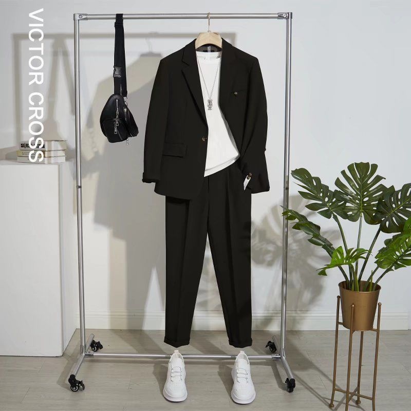 Ensemble de costume décontracté haut de gamme pour homme, style coréen printemps-été, coupe ample et élégante, blazer court et drapé tendance._voghion.com