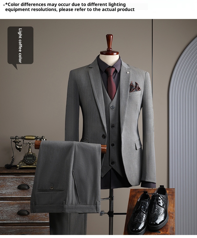 Traje de hombre con rayas grises, estilo coreano, corte ajustado, ideal para bodas, banquetes y eventos formales e informales._voghion.com