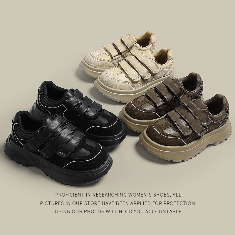 ShoeGlobe 2024 Retro Echt Leren Velcro Sneakers Voor Dames, Herfst En Winter Nieuw Veelzijdig Platform Dikke Zool Casual Trendy_voghion.com