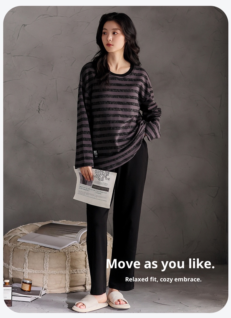 ChicShe Women's Cotton Long Sleeve Round Neck Pullover Simple Casual New Home Wear Set With Built-in Chest Pads For Spring And_voghion.com